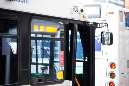 MIKAELA MACKENZIE / WINNIPEG FREE PRESS 	 Winnipeg Transit buses on Graham Avenue on Wednesday, Dec. 20, 2023. For transit series. Winnipeg Free Press 2023