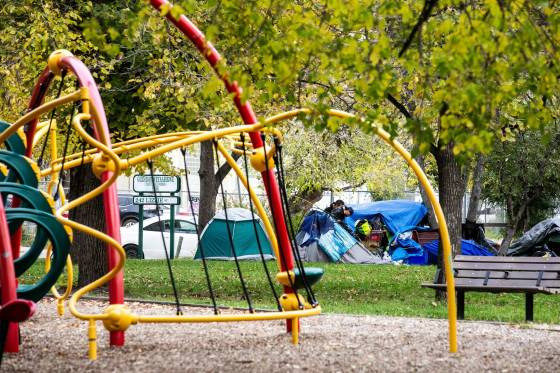 An encampment by a playground at Alexander Avenue and Lizzie Street.(Mikaela MacKenzie / Free Press files)