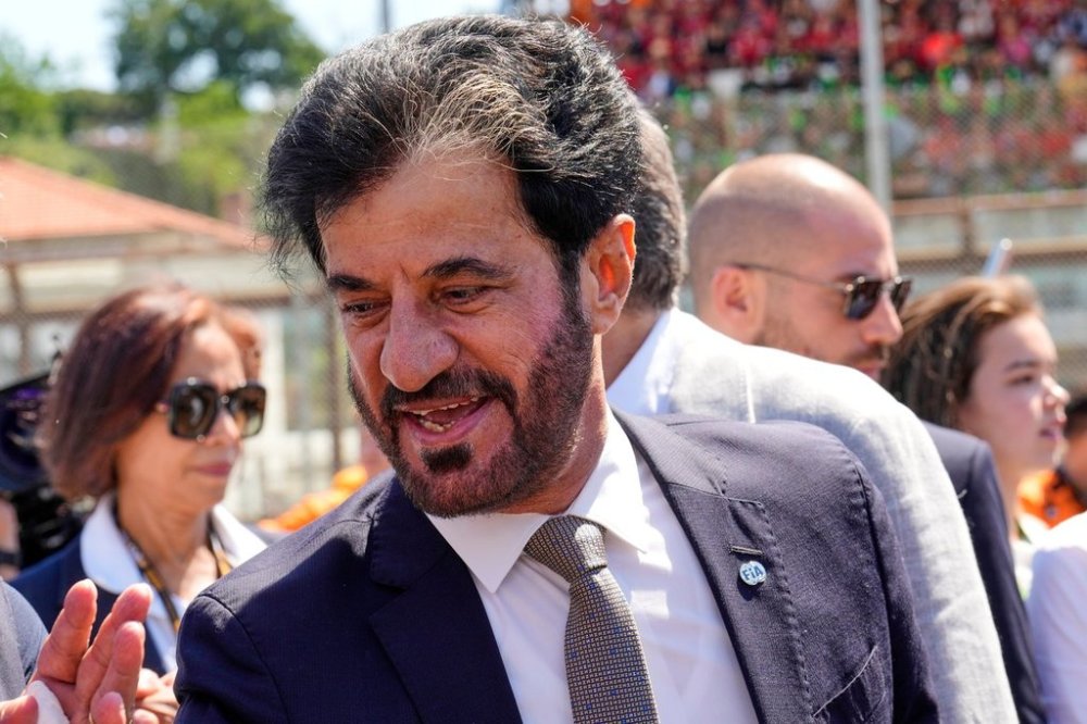 FILE - Mohammed Ben Sulayem President of the Federation Internationale de l'Automobile is on the starting grid before the Italian Emilia Romagna Formula One Grand Prix, at the Enzo and Dino Ferrari racetrack in Imola, Italy, Sunday, May 18, 2025. (AP Photo/Luca Bruno, File)