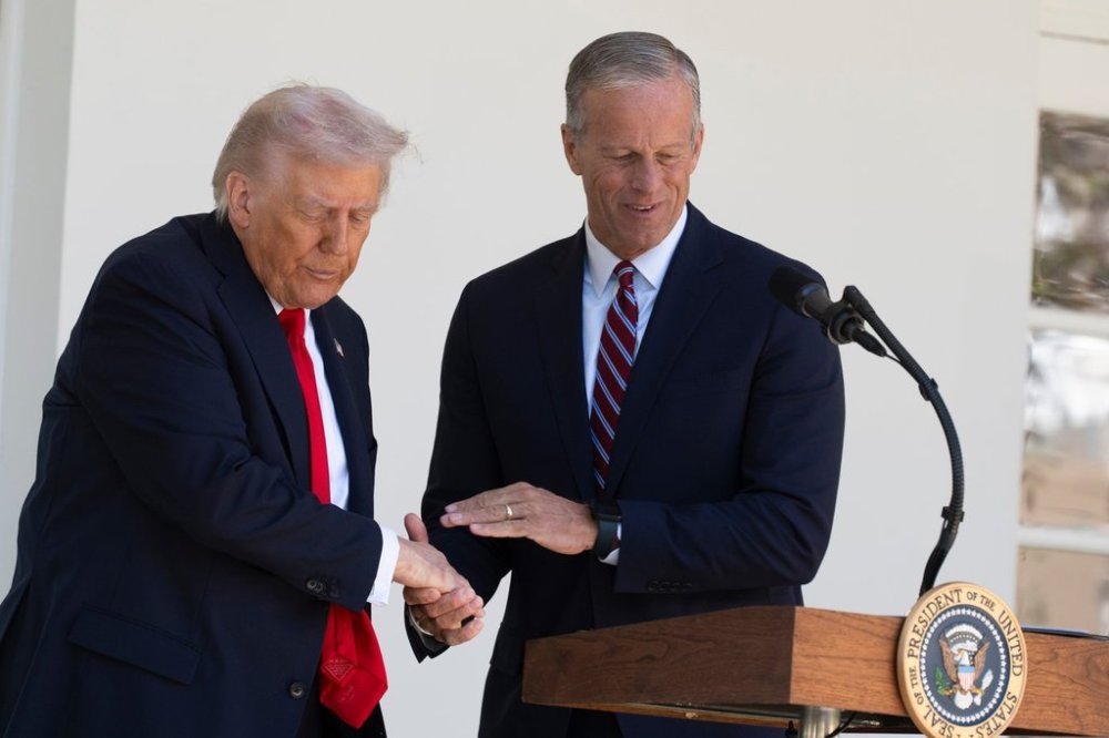 President Donald Trump shakes hands with Senate Majority Leader John Thune, R-S.D., right, during a lunch with Republican Senators on the Rose Garden patio at the White House, Tuesday, Oct. 21, 2025, in Washington. (AP Photo/Manuel Balce Ceneta)