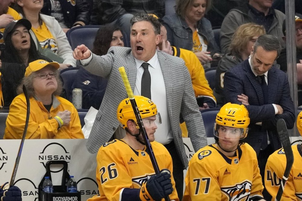 Nashville Predators head coach Andrew Brunette directs his team during the third period against the Vegas Golden Knights on March 29, 2025, in Nashville, Tenn. (AP Photo/Mark Humphrey)
