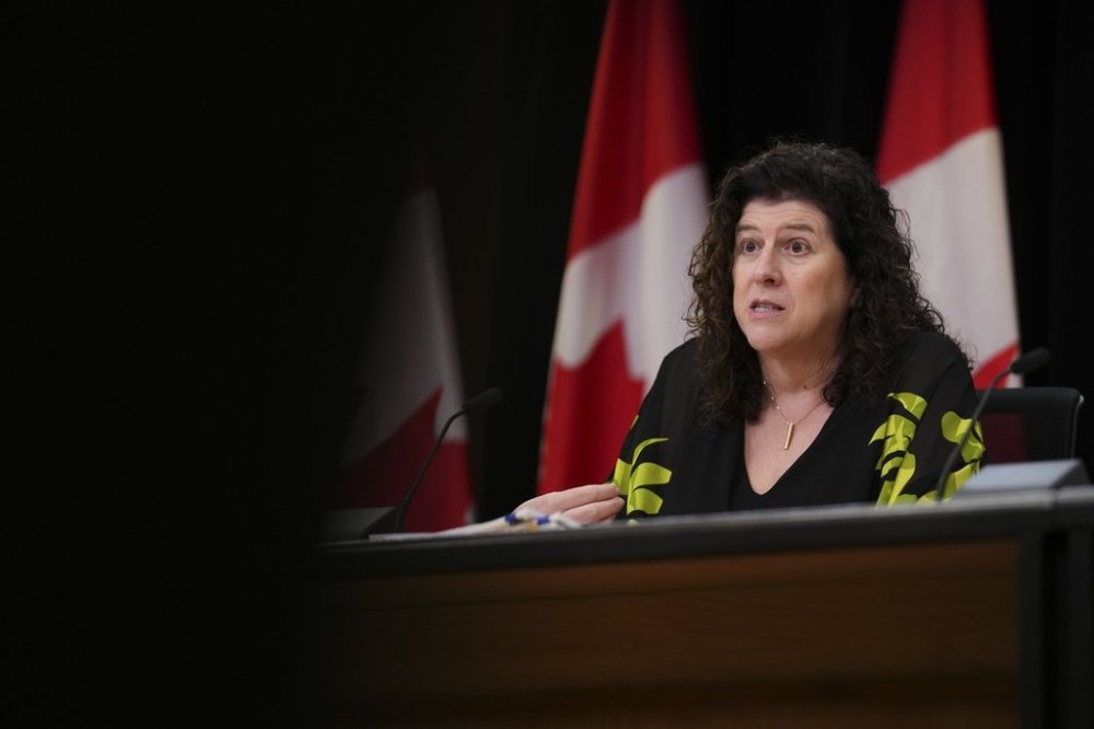 Auditor General of Canada Karen Hogan holds a press conference at the National Press Theatre in Ottawa on Tuesday, June 10, 2025. THE CANADIAN PRESS/Sean Kilpatrick