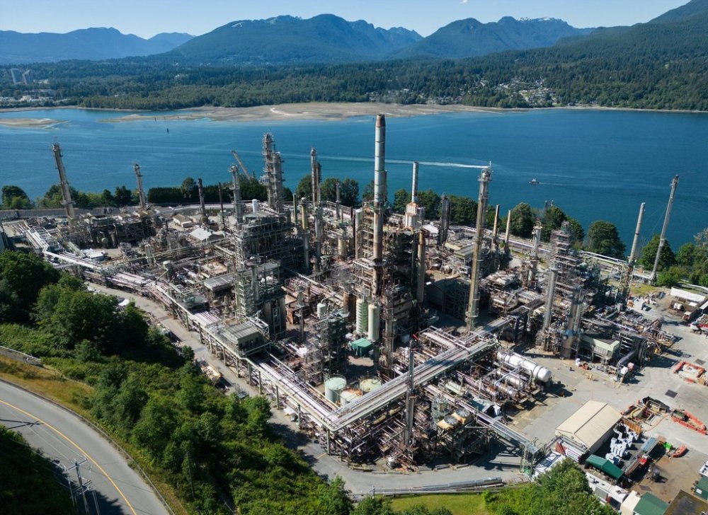 Parkland Corp.'s Burnaby Refinery is seen on the waters of Burrard Inlet in an aerial view, in Burnaby, B.C., on Monday, June 30, 2025. The refinery produces gasoline, diesel, jet fuels, asphalts, heating fuels, heavy fuel oils, butanes, and propane. THE CANADIAN PRESS/Darryl Dyck