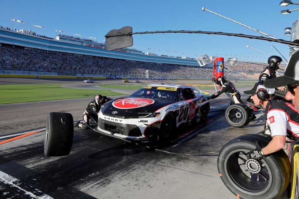 Driver Christopher Bell makes a pit stop during a NASCAR Cup Series auto race Sunday, Oct. 12, 2025, in Las Vegas. (AP Photo/Steve Marcus)