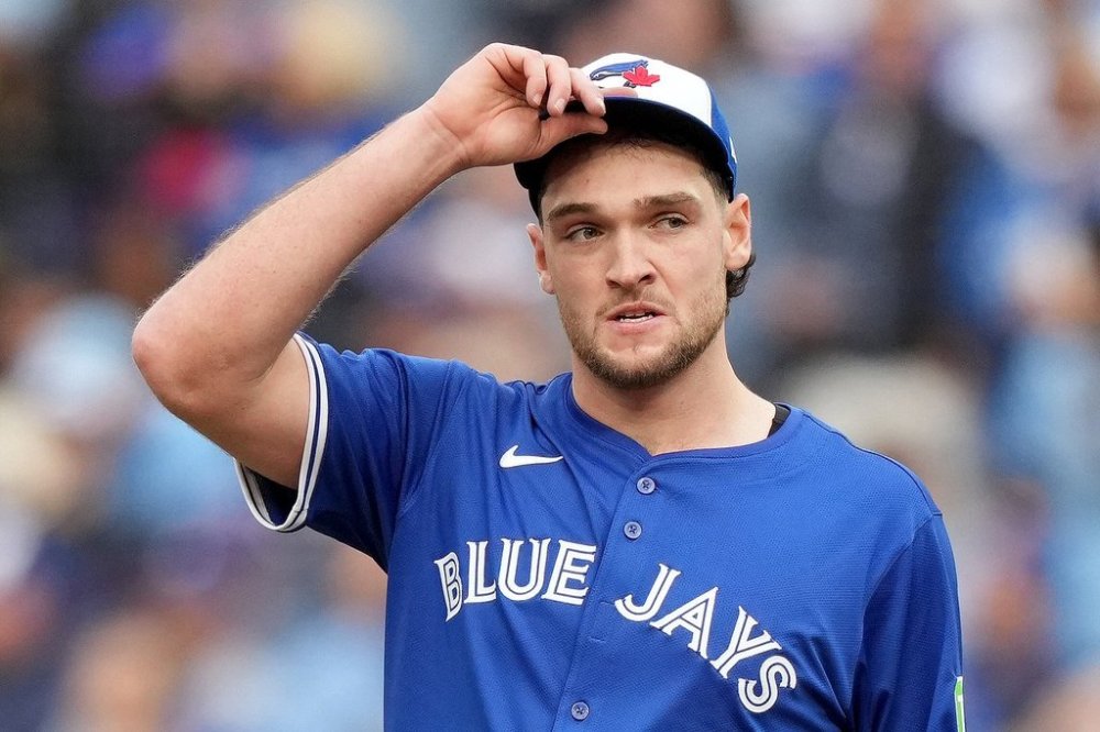 Toronto Blue Jays pitcher Trey Yesavage (39) reacts after allowing a three run home run to the Seattle Mariners during first inning MLB American League Championship Series game 2 baseball in Toronto, Monday, Oct. 13, 2025. THE CANADIAN PRESS/Nathan Denette