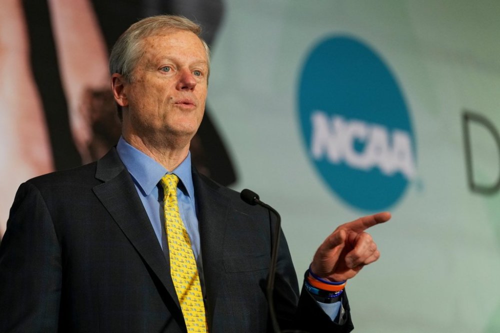 FILE - NCAA President Charlie Baker speaks during the Division I Business Session at the annual NCAA convention, Jan. 15, 2025, in Nashville, Tenn. (AP Photo/George Walker IV, File)
