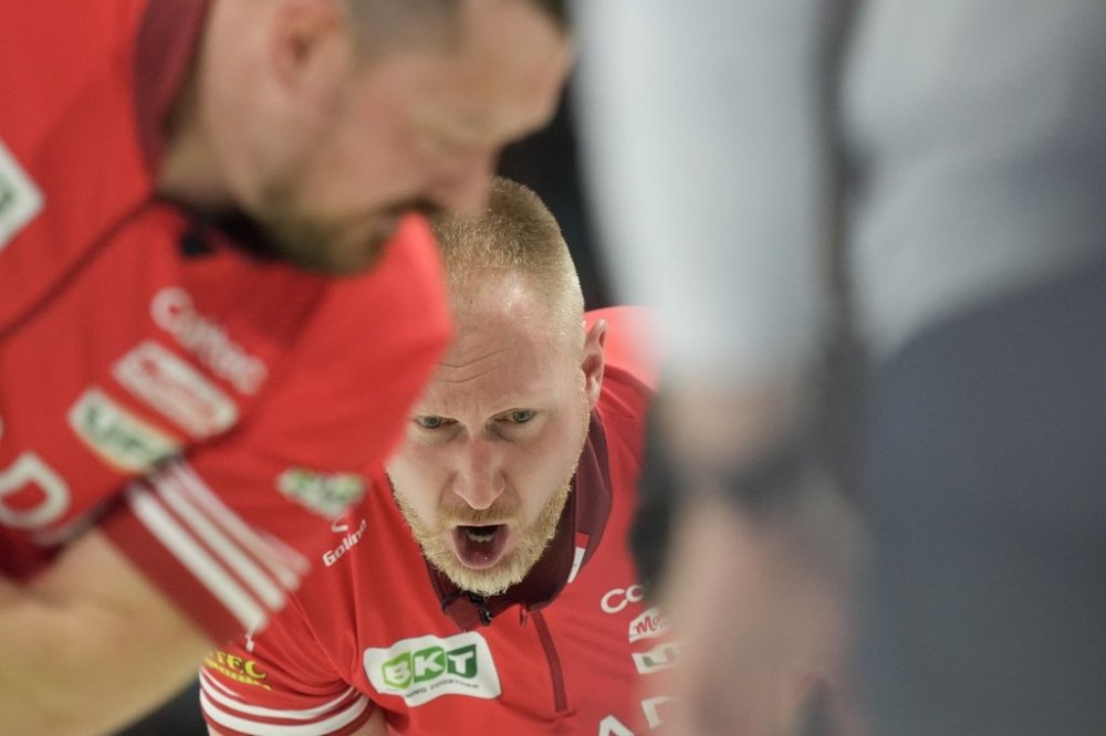 Canada's skip Brad Jacobs calls out as his stone is swept into the house during his country's match against the USA at the World Men's Curling Championship in Moose Jaw, Sask. on Friday April 4, 2025. THE CANADIAN PRESS/Chris Young