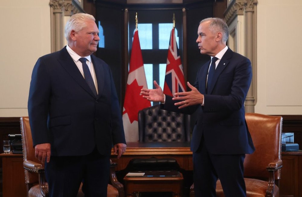 Ontario Premier Doug Ford, left, meets with Prime Minister Mark Carney on Parliament Hill in Ottawa on Monday, Aug. 18, 2025. THE CANADIAN PRESS/Patrick Doyle