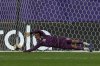 Morocco's goalkeeper Abdelhakim Mesbahi stops a penalty kick by France's Djylian Nguessan during a shootout in a FIFA U-20 World Cup semifinal soccer match at Elias Figueroa Brander Stadium in Valparaiso, Chile, Wednesday, Oct. 15, 2025 (AP Photo/Matias Delacroix)