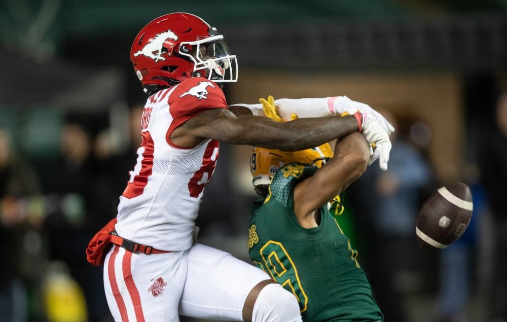 Calgary Stampeders' Damien Alford (left) knocks the ball away from Edmonton Elks' JJ Ross (29) during first half CFL action in Edmonton, on Friday Oct. 24, 2025. THE CANADIAN PRESS/Jason Franson