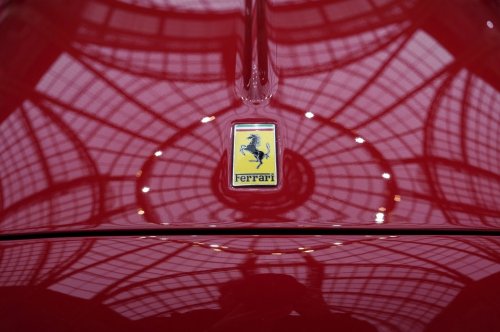 FILE - The Ferrari logo is photographed on a 1950 Oldsmobile Ferrari 166 MM Touring Barchetta displayed at the Grand Palais in Paris, Tuesday, Feb. 4, 2025. (AP Photo/Aurelien Morissard, File)