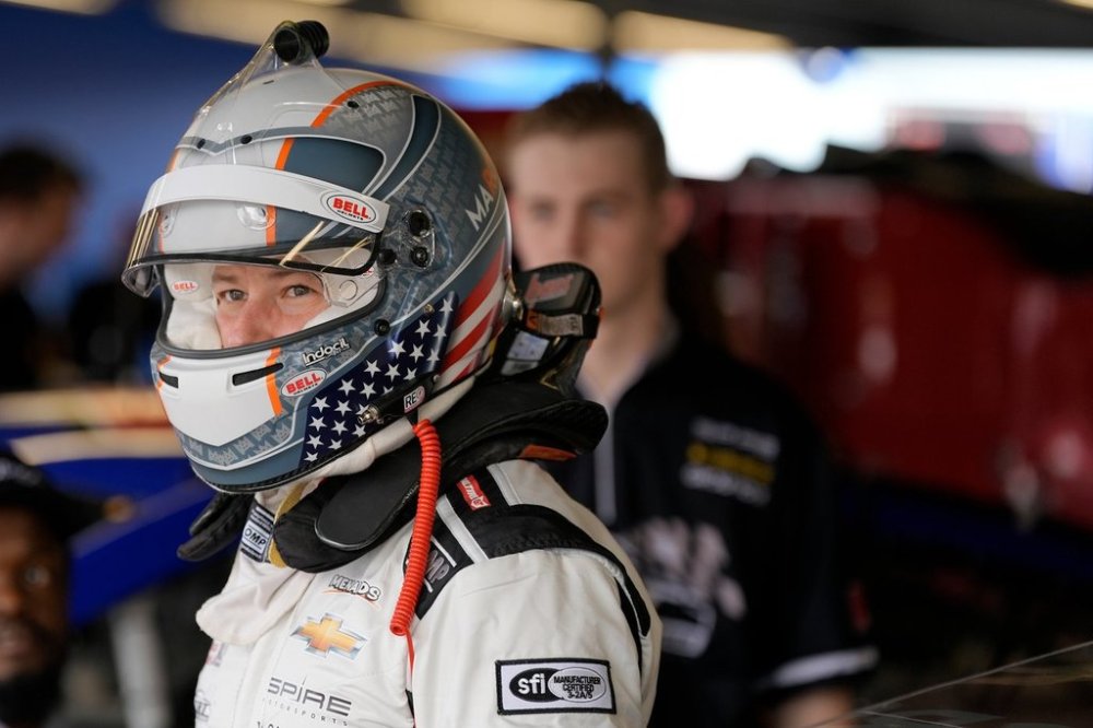 FILE - ARCA driver Marco Andretti looks out of the garage before a practice run for an ARCA Mendards Series auto race Thursday, Feb. 15, 2024, at Daytona International Speedway in Daytona Beach, Fla. (AP Photo/Chris O'Meara, file)