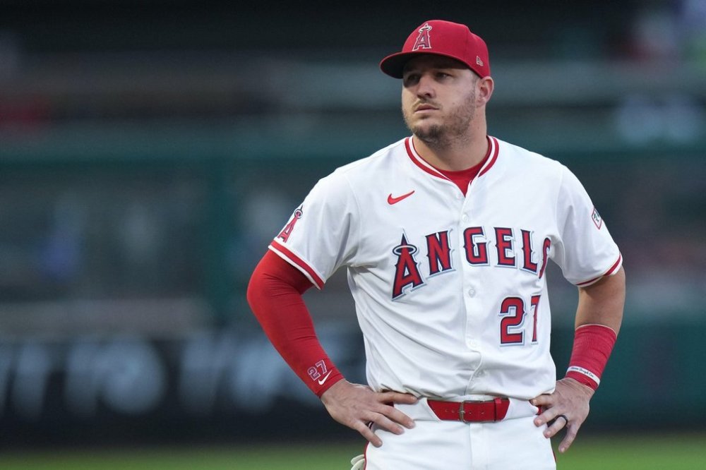 FILE - Los Angeles Angels' Mike Trout stands on the field before a baseball game against the Houston Astros, Sept. 27, 2025, in Anaheim, Calif. (AP Photo/Jae C. Hong, File)