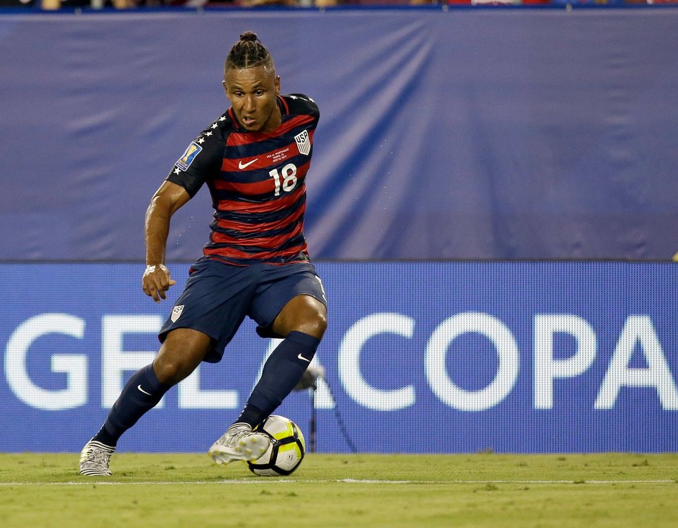 FILE - United States' Juan Agudelo (18) moves the ball against Martinique during a CONCACAF Gold Cup soccer match, Wednesday, July 12, 2017, in Tampa, Fla. (AP Photo/John Raoux, File)