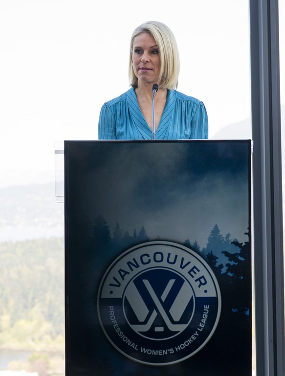 Teessa Bonhomme, former player of the Canadian Women’s National team, speaks about the PWHL expanding to Vancouver during a press event in Vancouver, BC, on Wednesday April 23, 2025. The new team will begin play in the 2025-26 season. THE CANADIAN PRESS/Rich Lam