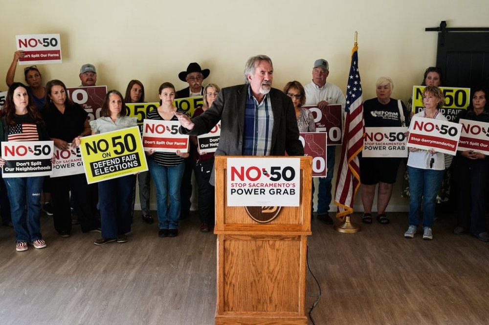 U.S. Rep. Doug LaMalfa, R-Calif., center, speaks during a press conference in Chico, Calif., Wednesday, Oct. 29, 2025. (AP Photo/Godofredo A. Vásquez)