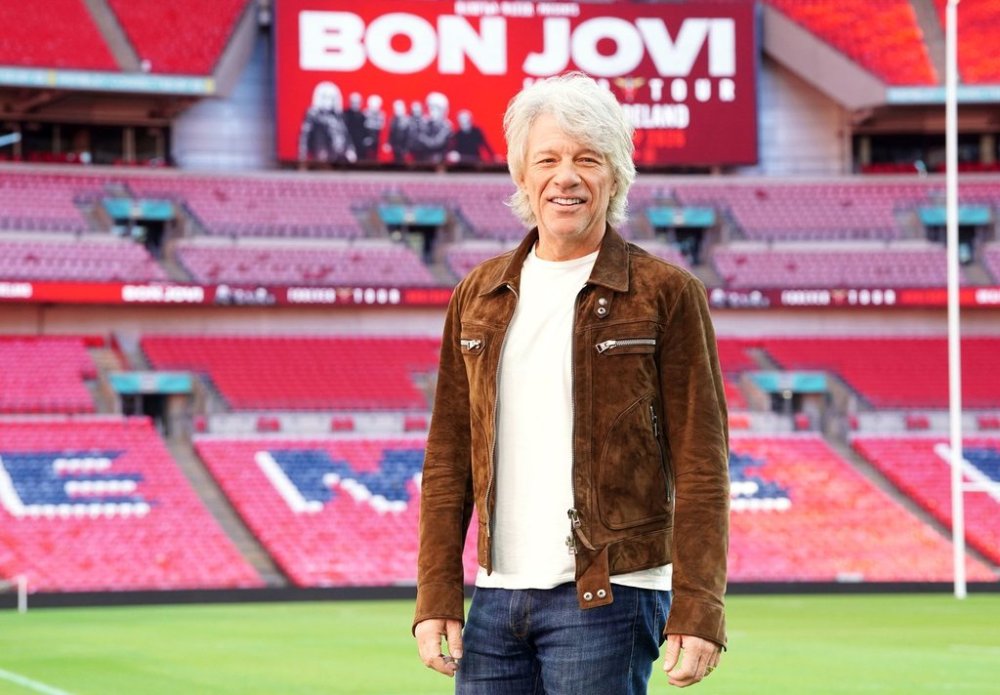 Singer Jon Bon Jovi poses for a photo at a press conference at Wembley Stadium to make an announcement and promote his new collaborations album, Forever, in north London, Friday, Oct. 24, 2025. (Ian West/PA via AP)