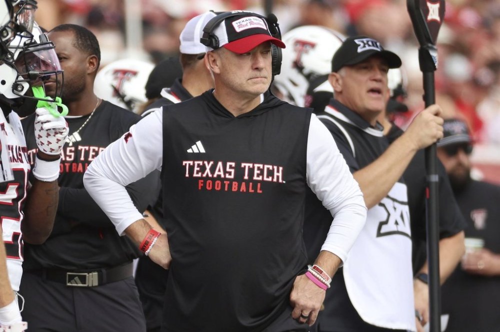 Texas Tech head coach Joey McGuire watches during the second half of an NCAA college football game against Utah, Saturday, Sept. 20, 2025, in Salt Lake City, Utah. (AP Photo/Jeffrey D. Allred)