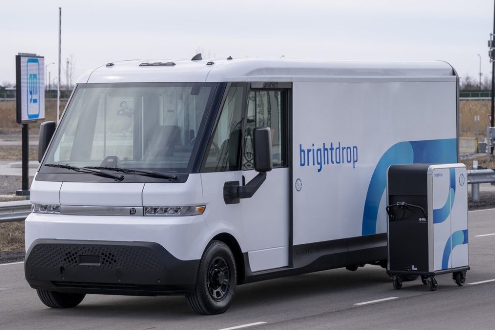 A General Motors BrightDrop electric delivery vehicle sits on a track at GM Canada’s Canadian Technical Centre McLaughlin Advanced Technology Track in Oshawa, Ont. on Monday, April 4, 2022. THE CANADIAN PRESS/Frank Gunn