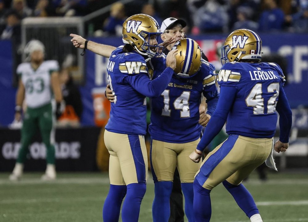 Winnipeg Blue Bombers' Jamieson Sheahan (18), kicker Sergio Castillo (14) and Ian Leroux (42) celebrate Castillo's game-winning field goal against the Saskatchewan Roughriders during second half CFL action in Winnipeg Friday, October 17, 2025. THE CANADIAN PRESS/John Woods