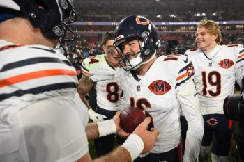 Chicago Bears kicker Jake Moody (16) ceelbrates after an NFL football game against the Washington Commanders, Monday, Oct. 13, 2025, in Landover, Md. (AP Photo/Nick Wass)