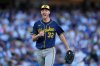 Milwaukee Brewers pitcher Jacob Misiorowski celebrates the end of the fourth inning against the Los Angeles Dodgers in Game 3 of baseball's National League Championship Series, Thursday, Oct. 16, 2025, in Los Angeles. (AP Photo/Brynn Anderson)