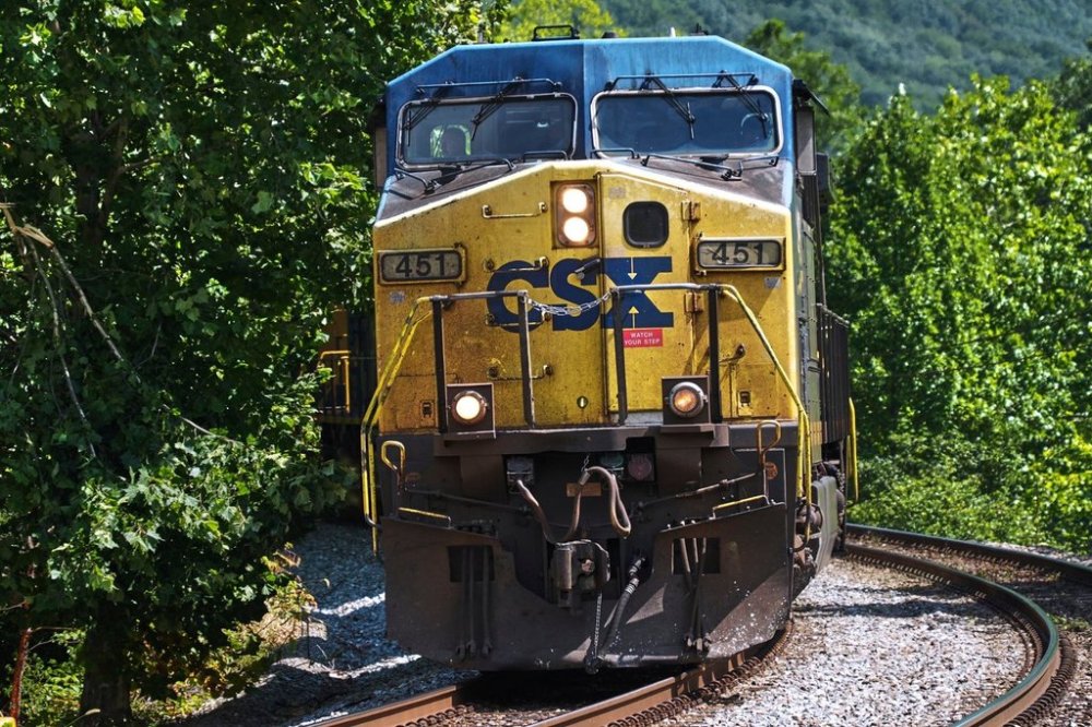 FILE - A CSX freight pulls through Ohiopyle, Pa., on Tuesday, Aug. 19, 2025. (AP Photo/Gene J. Puskar, File)