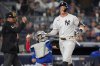 New York Yankees' Aaron Judge reacts after striking out against the Toronto Blue Jays during the eighth inning of Game 4 of baseball's American League Division Series, Wednesday, Oct. 8, 2025, in New York. (AP Photo/Frank Franklin II)