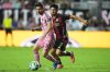 Inter Miami forward Lionel Messi (10) runs with the ball as Atlanta United midfielder Steven Alzate (7) defends during the first half of an MLS soccer match, Saturday, Oct. 11, 2025, in Fort Lauderdale, Fla. (AP Photo/Lynne Sladky)