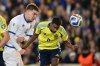 Sweden's Alexander Isak wins a duel over Kosovo's Ilir Krasniqi during the 2026 World Cup Group B qualifying soccer match between Sweden and Kosovo Monday Oct. 13, 2025 in Gothenburg, Sweden. (Bjorn Larsson/TT News Agency via AP)