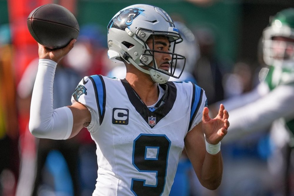 Carolina Panthers quarterback Bryce Young (9) passes against the New York Jets during the first quarter of an NFL football game, Sunday, Oct. 19, 2025, in East Rutherford, N.J. (AP Photo/Seth Wenig)