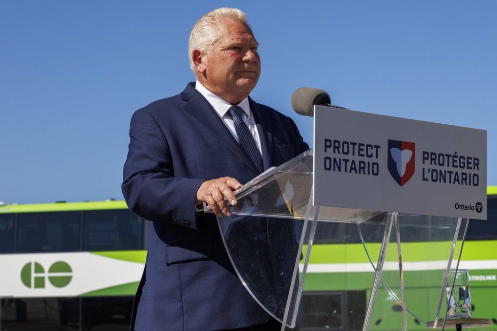 Ontario Premier Doug Ford speaks to the media during a transportation announcement at Confederation GO Station in Hamilton, Ont,. on Monday September 29, 2025. THE CANADIAN PRESS/Carlos Osorio