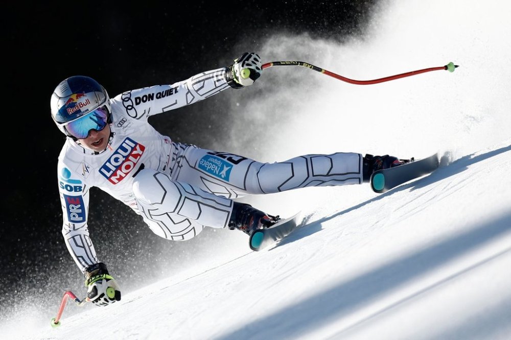 FILE - Czech Republic's Ester Ledecka speeds down the course during an alpine ski, the women's World Cup downhill, in Kvitfjell, Norway, Feb. 28, 2025. (AP Photo/Gabriele Facciotti, File)
