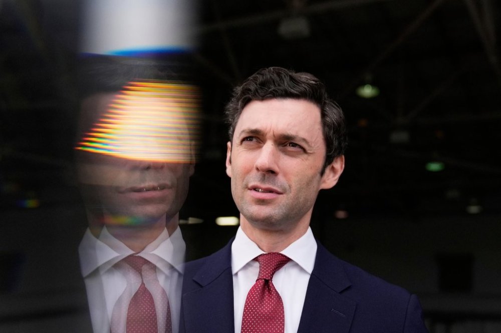 FILE - Sen. Jon Ossoff, D-Ga., speaks during an interview at Dobbins Air Reserve Base, April 26, 2025, in Marietta, Ga. (AP Photo/Brynn Anderson, File)
