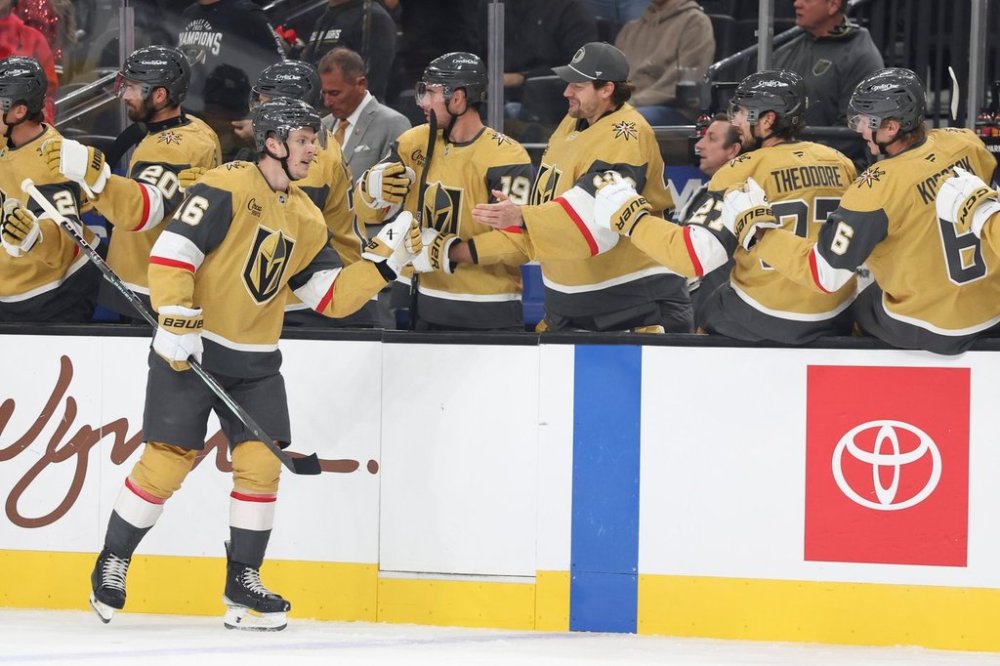 Vegas Golden Knights right wing Pavel Dorofeyev (16) celebrates with teammates after his goal against the Boston Bruins during the first period of an NHL hockey game Thursday, Oct. 16, 2025, in Las Vegas. (AP Photo/Ian Maule)