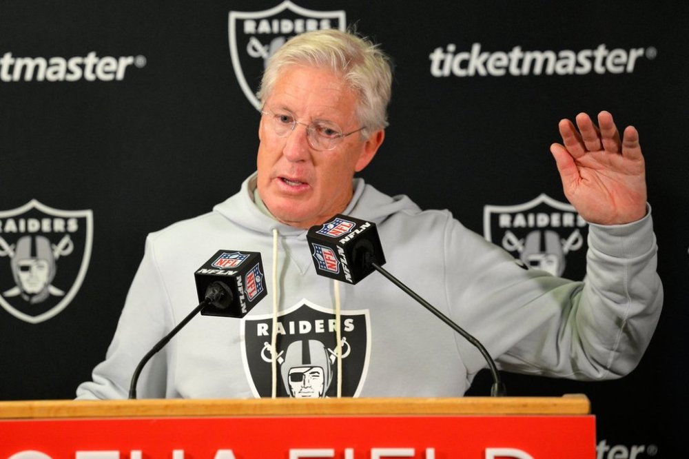 Las Vegas Raiders head coach Pete Carroll speaks during a news conference following an NFL football game against the Kansas City Chiefs Sunday, Oct. 19, 2025, in Kansas City, Mo. (AP Photo/Reed Hoffmann)