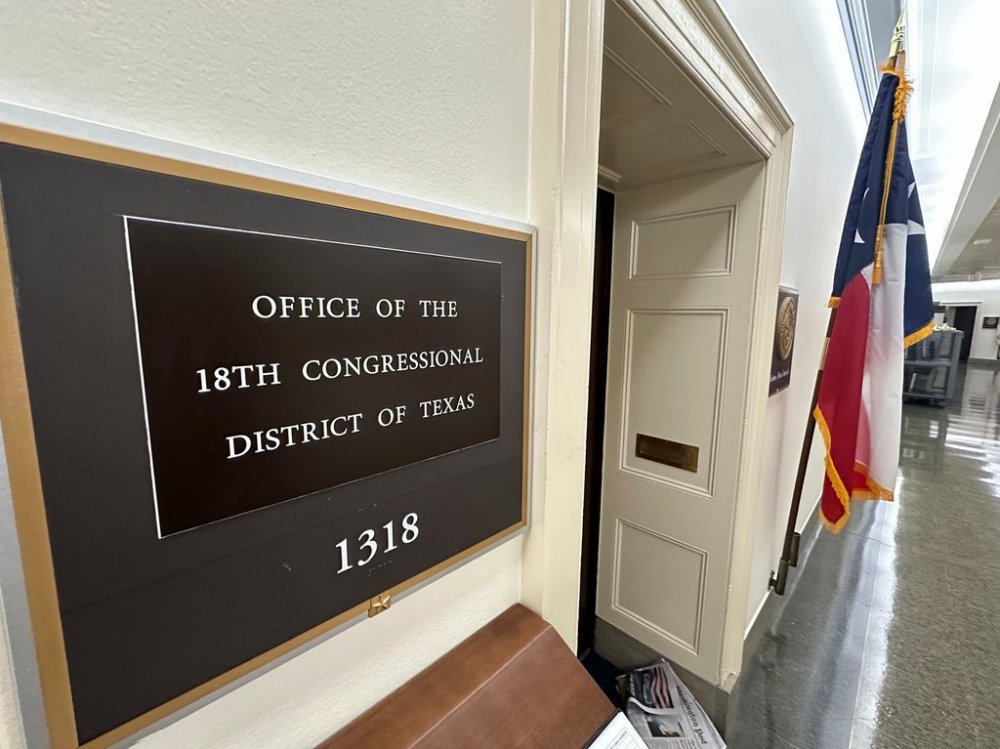 A Texas flag is on display outside the office of the state's 18th Congressional District, which has a seat that became vacant March 5, 2025, following the death of Democratic Rep. Sylvester Turner, in Washington, Sept. 2, 2025. The (AP Photo/Robert Yoon)