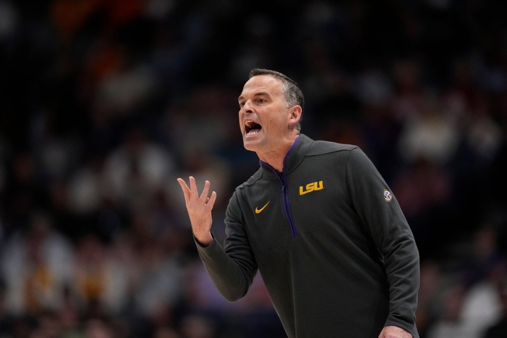 FILE - LSU head coach Matt McMahon speaks during the first half of an NCAA college basketball game at the Southeastern Conference tournament against Mississippi State, Wednesday, March 12, 2025, in Nashville, Tenn. (AP Photo/George Walker IV, File)
