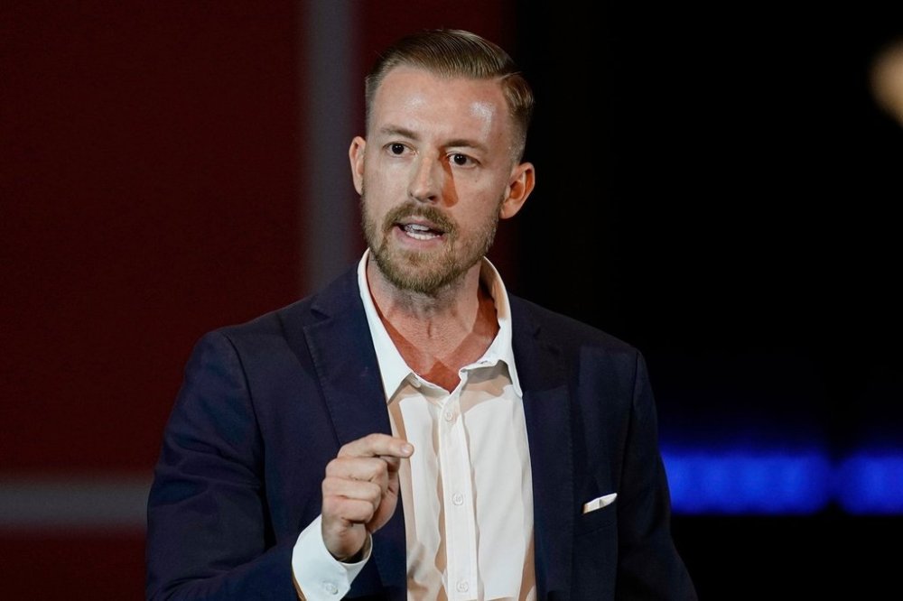 FILE - Ryan Walters, Republican candidate for Oklahoma State Superintendent, speaks at a rally, Nov. 1, 2022, in Oklahoma City. (AP Photo/Sue Ogrocki, File)