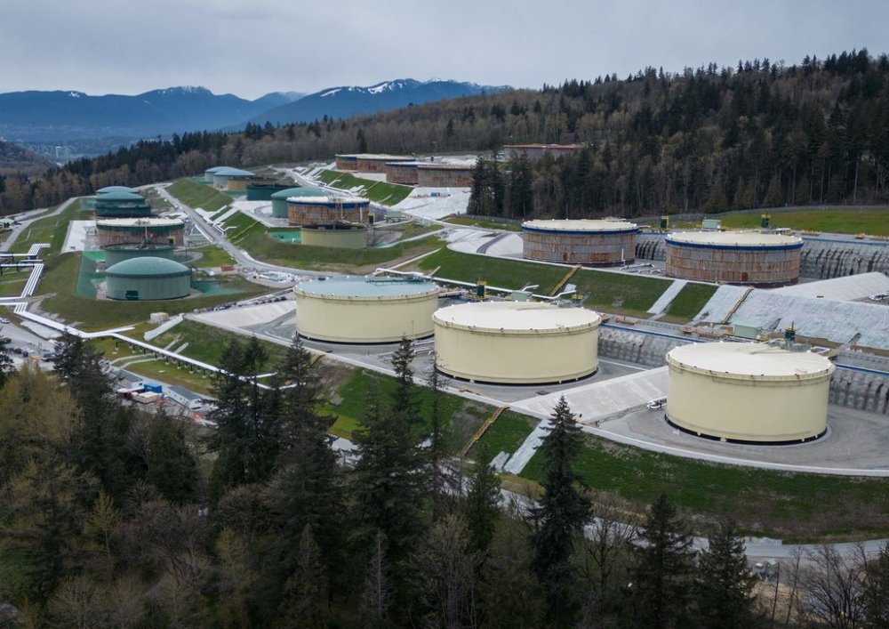 In this photograph taken with a drone, the Trans Mountain Burnaby Terminal tank farm is seen in Burnaby, B.C., on Thursday, April 4, 2024. THE CANADIAN PRESS/Darryl Dyck