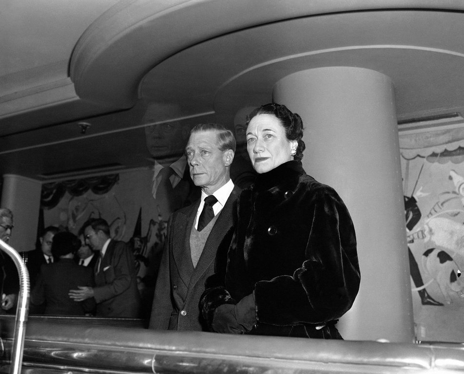 FILE - The Duke of Windsor, Prince Edward stands with his wife the Duchess of Windsor, Wallis Simpson, before he sailed on the Queen Mary from New York on Feb. 7, 1952, en route to England for the funeral of his brother, the late King George VI. (AP Photo, File)