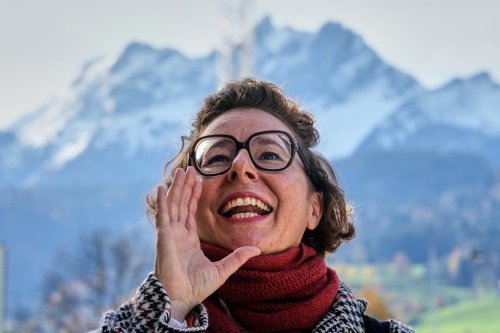 Yodel teacher Nadja Raess yodels in Lucerne, Switzerland, Wednesday, Oct. 29, 2025. (AP Photo/Michael Probst)
