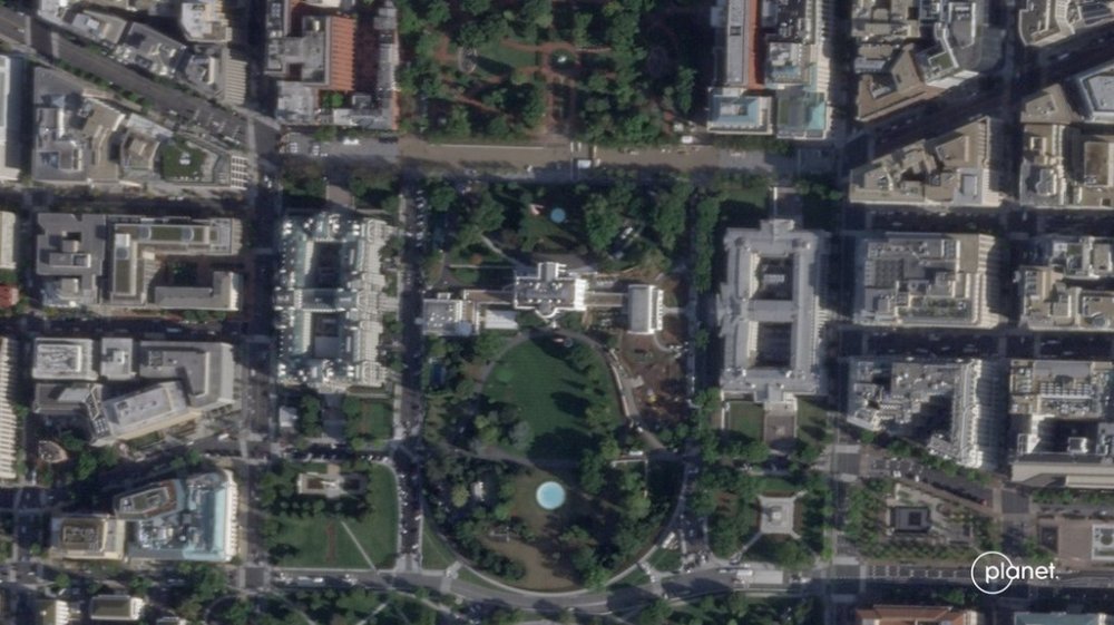 This satellite image from Planet Labs PBC shows the White House in Washington, Sept. 26, 2025, with the East Wing intact before demolition began. (Planet Labs PBC via AP)
