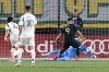 Portland Timbers forward Felipe Mora, middle, scores a goal against Real Salt Lake during the first half of an MLS soccer match Wednesday, Oct. 22, 2025, in Portland, Ore. (AP Photo/Howard Lao)