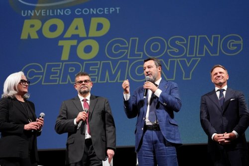 Matteo Salvini , second from right, speaks a during the press conference to present the closing ceremony of the Milano Cortina 2026 Winter Olympics, Thursday, Nov. 6 , 2025, in Verona, Italy. ( Spada/LaPresse via AP)