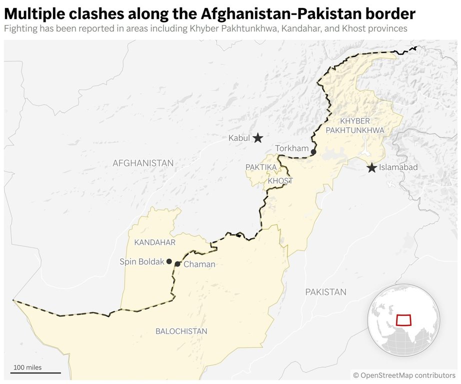This map shows several provinces and cities along the Afghanistan-Pakistan border that have been impacted by recent clashes between the two countries. (AP Digital Embed)