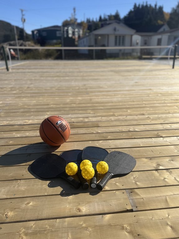 Dorothy Boudreau is shown hauling a wooden plank up from the ferry in Gaultois, N.L., to the location of a new pickleball court in August 2025. THE CANADIAN PRESS/Handout - Martine Blue (Mandatory Credit)