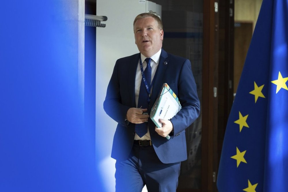 European Commissioner for Democracy, Justice and the Rule of Law Michael McGrath arrives for the weekly EU College of Commissioners meeting at EU headquarters in Brussels on Wednesday, May 21, 2025. (AP Photo/Omar Havana)