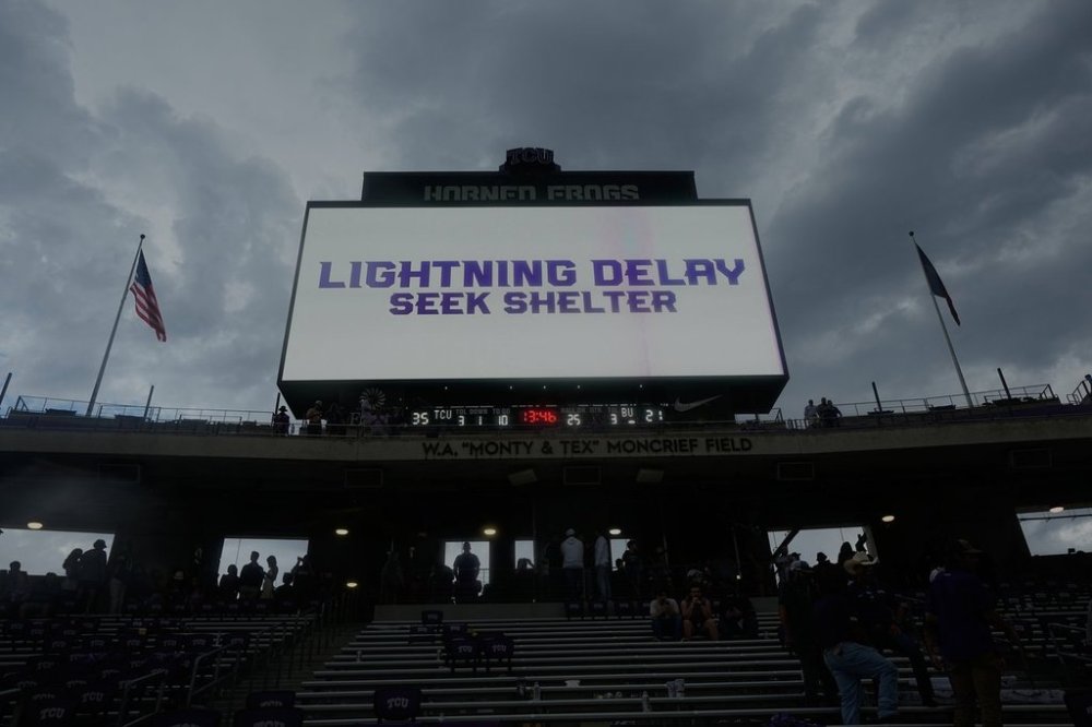 The scoreboard displays a weather alert during a delay in second half of an NCAA college football game between Baylor and TCU, Saturday, Oct. 18, 2025, in Fort Worth, Texas. (AP Photo/LM Otero)