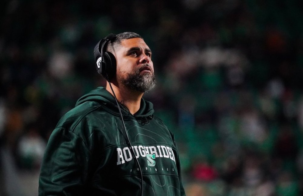 Saskatchewan Roughriders head coach Corey Mace looks on during the first half of CFL football action against the Toronto Argonauts in Regina, on Friday, October 10, 2025. THE CANADIAN PRESS/Heywood Yu